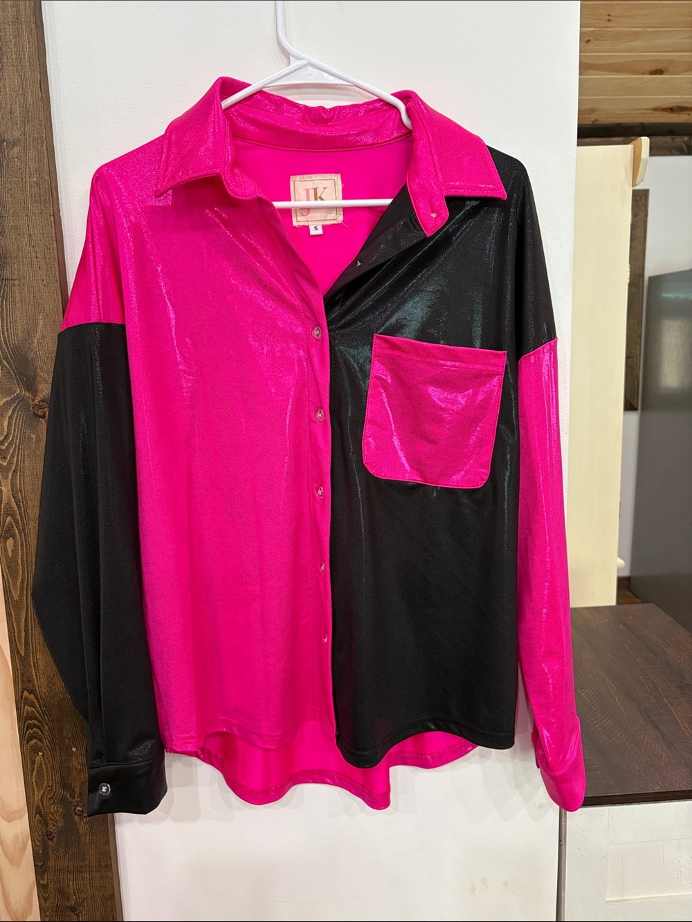 Women's Two-Tone Fuchsia and Black Button-Up Top